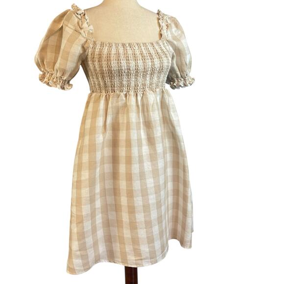 House of Harlow 1960 Beige White Gingham Check Linen Smocked Mini Dress Medium - Picture 2 of 7